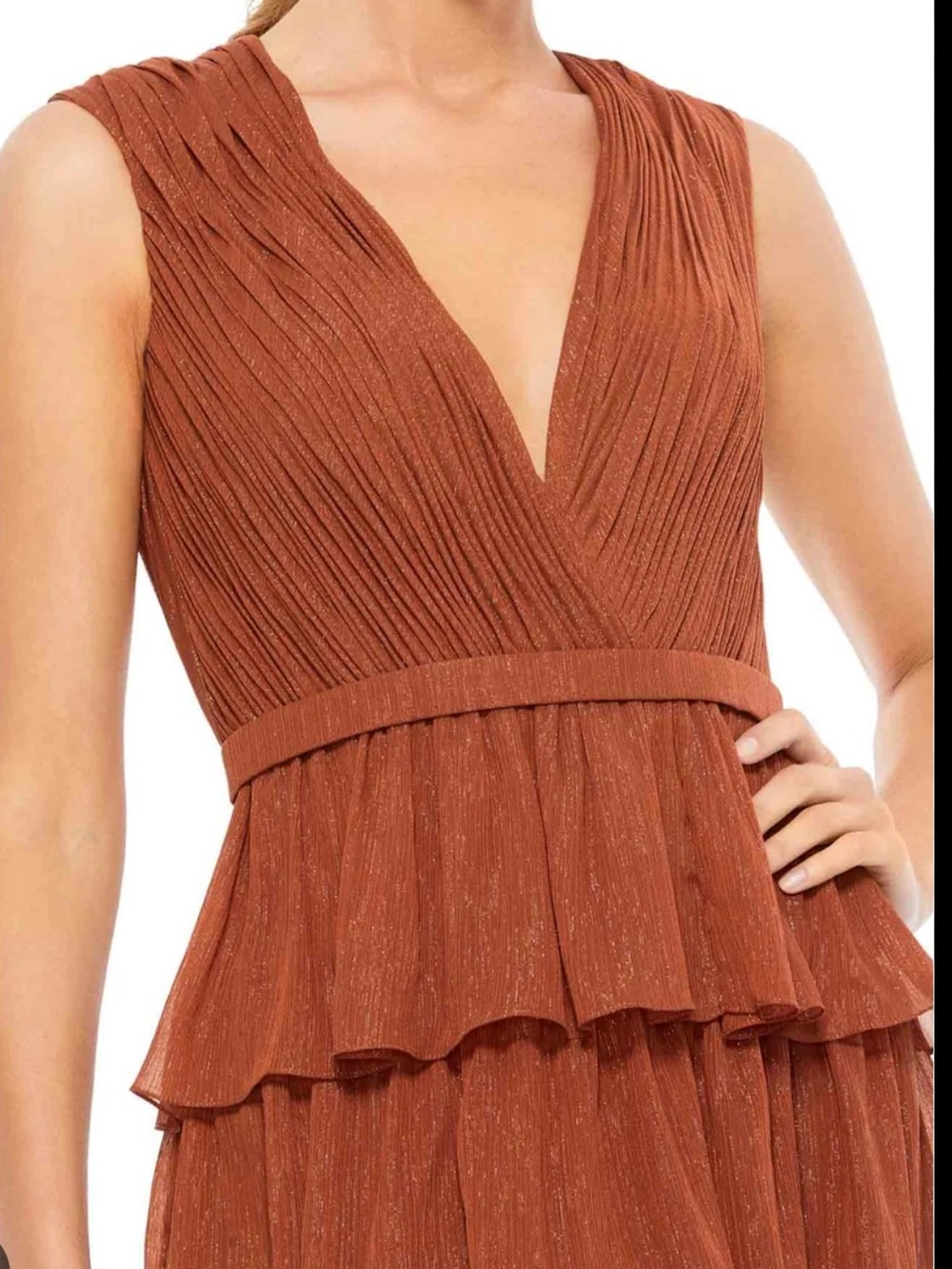 Ieena for Mac Duggal 49287 Nutmeg Tiered V-Neck Maxi Gown - Picture 2 of 9